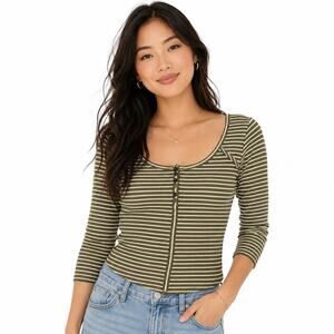 Free People Olive green Striped Henley style top. Women L